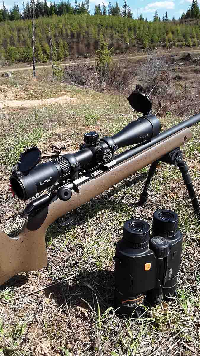 Patrick uses Bushnell’s Fusion 1 Mile range-finding binocular to get the range. Used in conjunction with Bushnell’s Engage series Deploy MOA reticle, or turrets, this provided long-range precision.